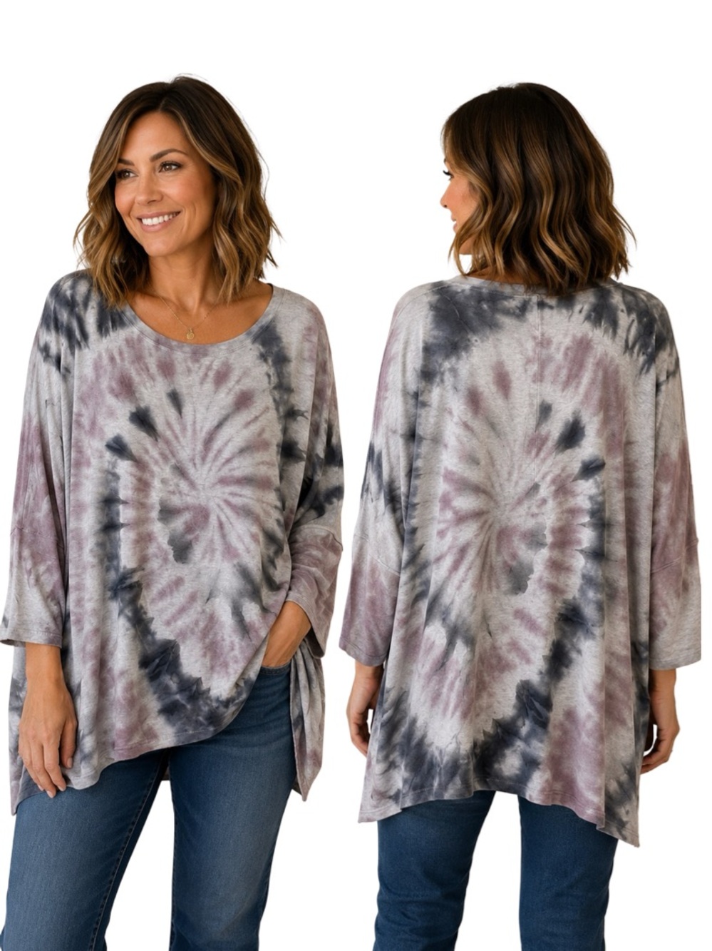 River + Sky Spiral Tie-Dye Swing Tunic in Gray and Mauve
